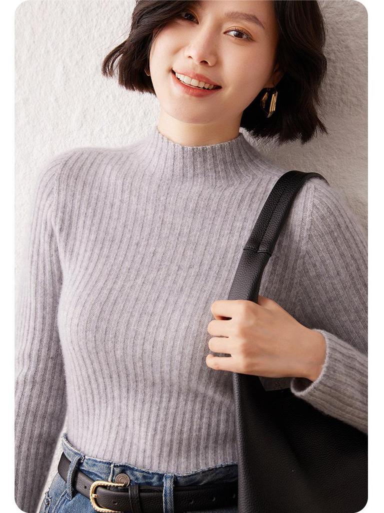 Cashmere Ribbed Slim-Fit Sweater: Warm, Thick Half-High Collar Knitwear for Autumn & Winter