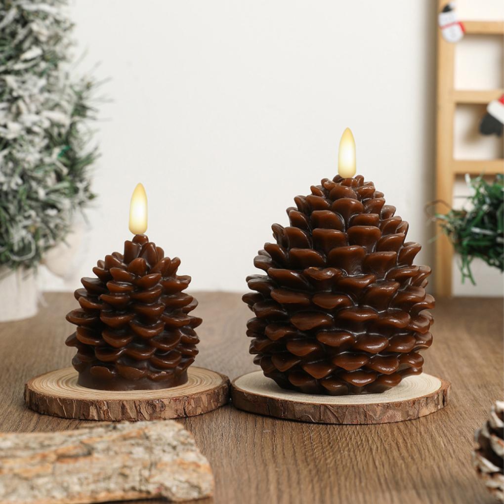 2piece Christmas Painted Pine Cone Shaped LED Candle Light Electronic Flameless Pinecone Candle Set For Festive Home Atmosphere