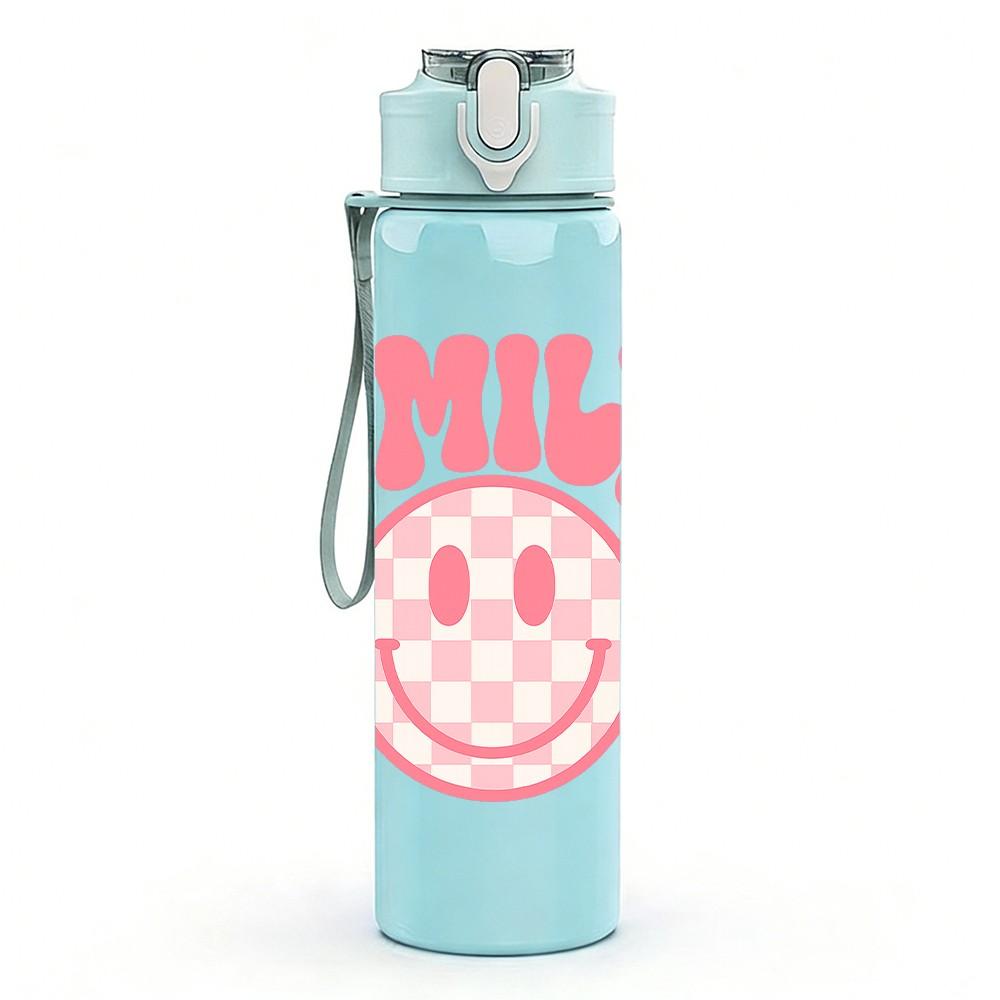1PC Checkered Smile SMILE Letter 750ml Color Plastic Sports Water Bottle Leakproof Flip Straw Lid Suitable for Sports Office Home Use