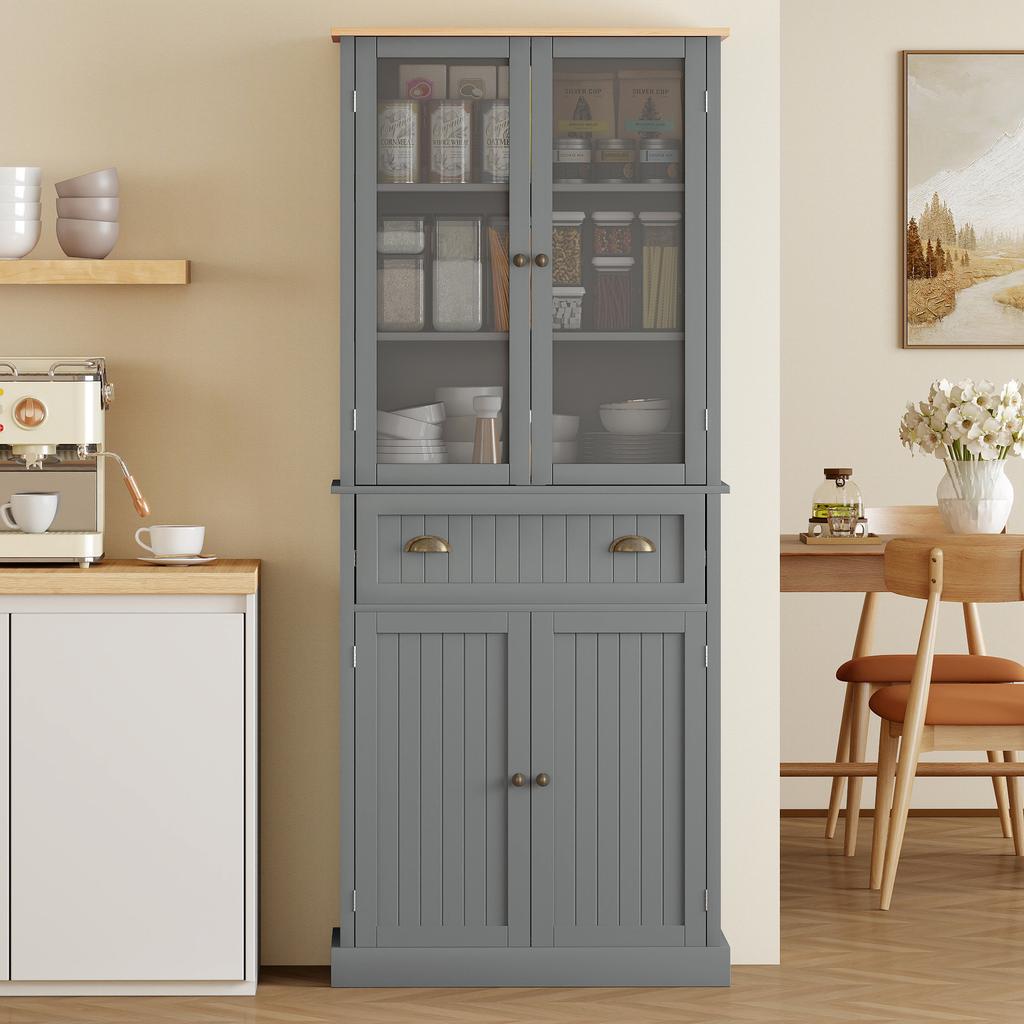Kitchen Sideboard Storage Cabinet, 4 Doors (2 Glass), 1 Drawer, Adjustable Shelves, Grey