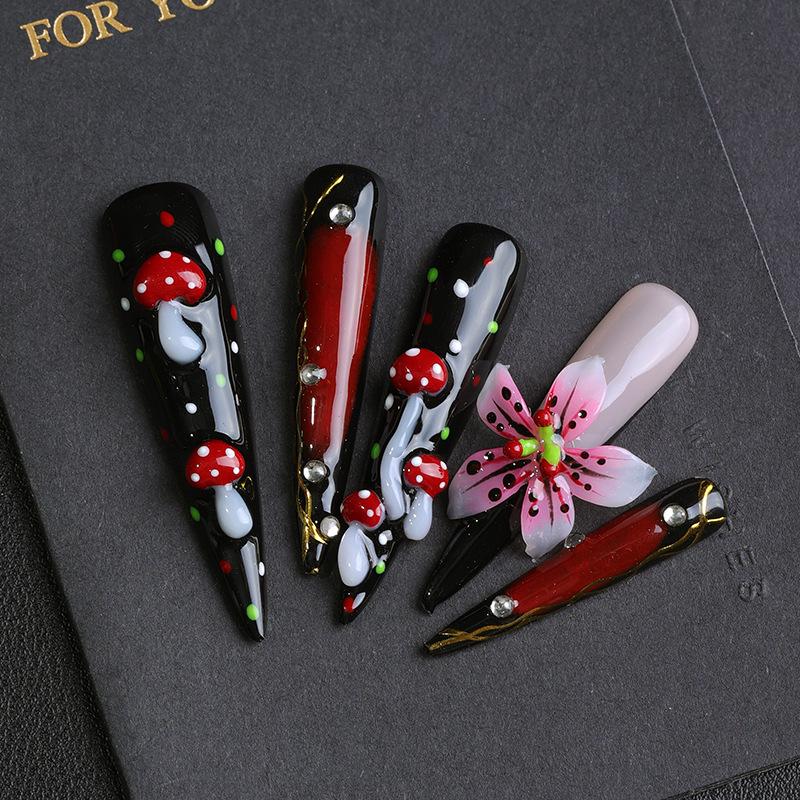 Handmade European American Long Pointed 3D Mushroom Flower Nails - Dark Style Spicy Girl Nail Art Large
