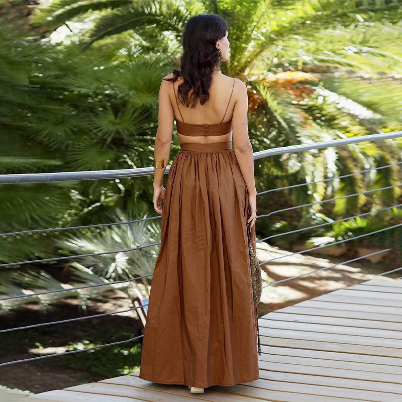 Women Elegant Cotton Camisole Top Casual Skirt Suit 2025 Spring and Summer Fashion Solid Color Sexy Wrapped Vest Long Skirt Set