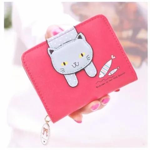 Women's Wallet Short Card Holder Bag Cute Zipper Cartoon Cat Eating Fish Print Student Wallet Coin Purse Girls Wallet