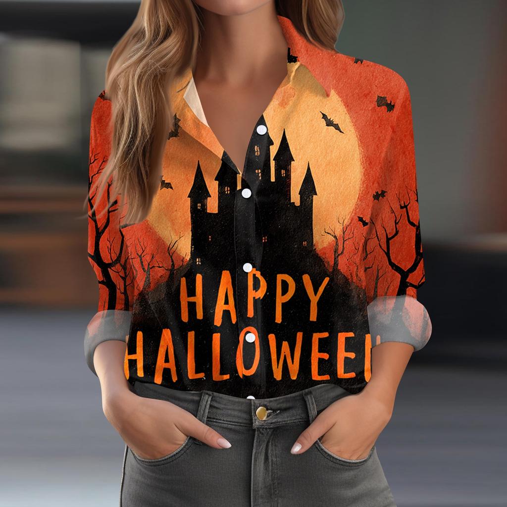 Women's Long Sleeve Casual Half Placket Shirt with Halloween Print for Fall Parties