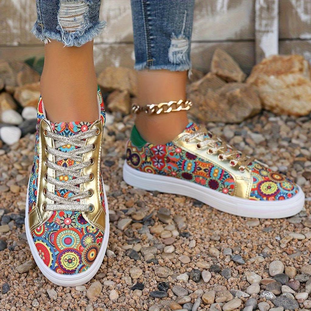 2025 Spring New Arrival Plus Size Women's Flat Casual Shoes Floral Ethnic Style Lace-Up Front Lightweight Shoes