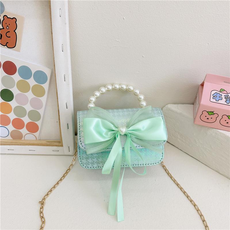 Trendy Children s Handheld Purse With Stylish Chain And Cute Bowknot For Girls Square Green