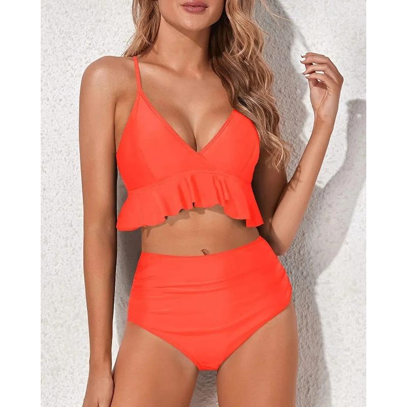 Bikiny s vysokým pasem Plavky Jednobarevné Oddělený design Detaily s listovým okrajem Čínská značka Dámské módní plavky