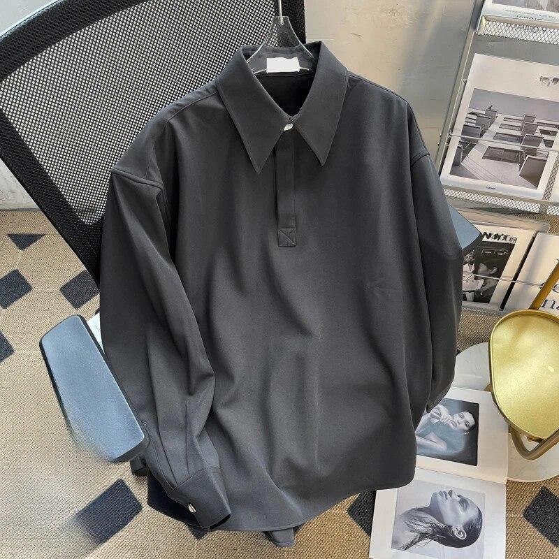 Preppy Stil Erkek Gömlek Sonbahar Kış Bol Yaka Erkek Kazak Bol Çok Yönlü Düz Renk Uzun Kollu Bluz