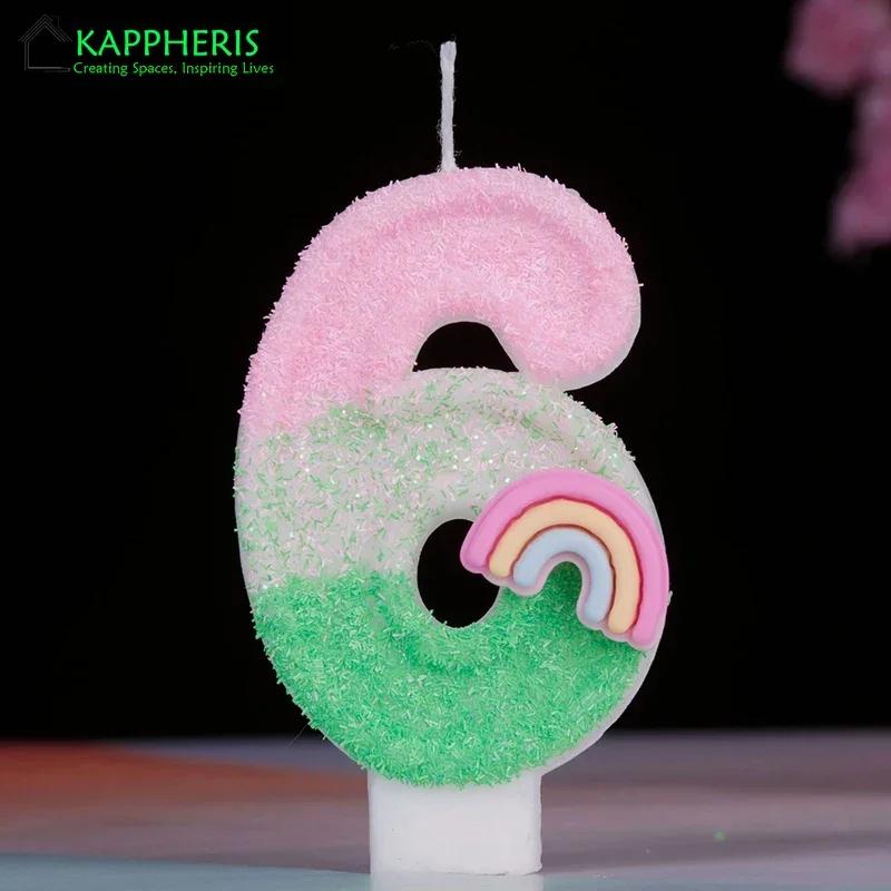 

Радужные свечи для торта на день рождения, розовые, зеленые, блестящие, цифровые свечи, декоративные, для вечеринки с девушкой, для украшения торта