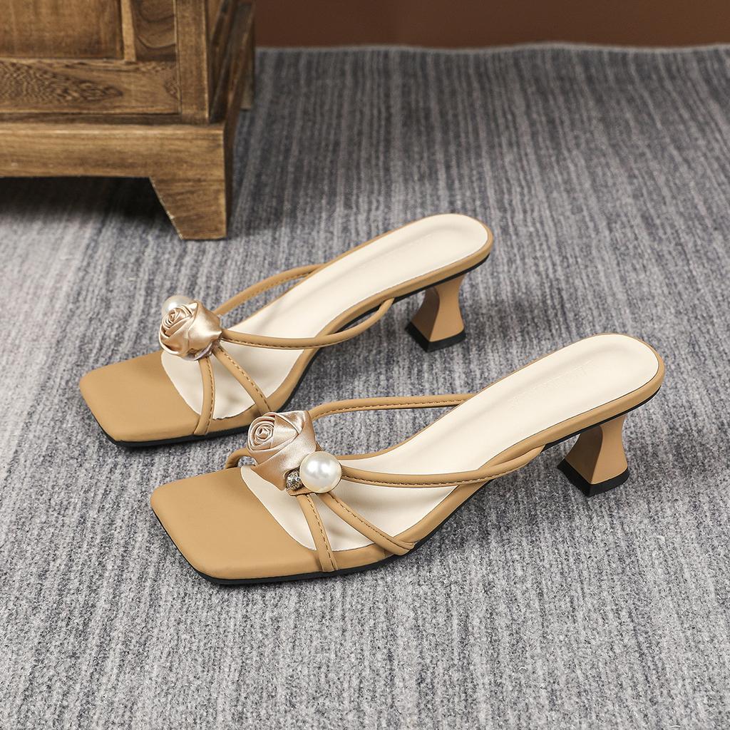 Fashion Luxury Rose Flower Slippers Women Pearl Beading High Heels Flip Flops Narrow Band Strange Heeled Crystal Sandalias Mujer 2025