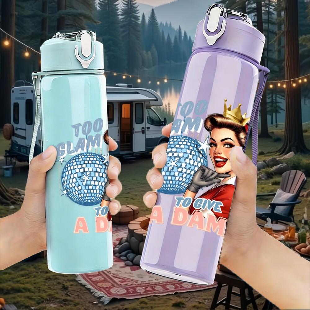 1PC Vintage Housewife Text Art Pattern 750ml Color Plastic Sports Water Bottle Leakproof Flip Straw Lid Suitable for Sports Office Home Use