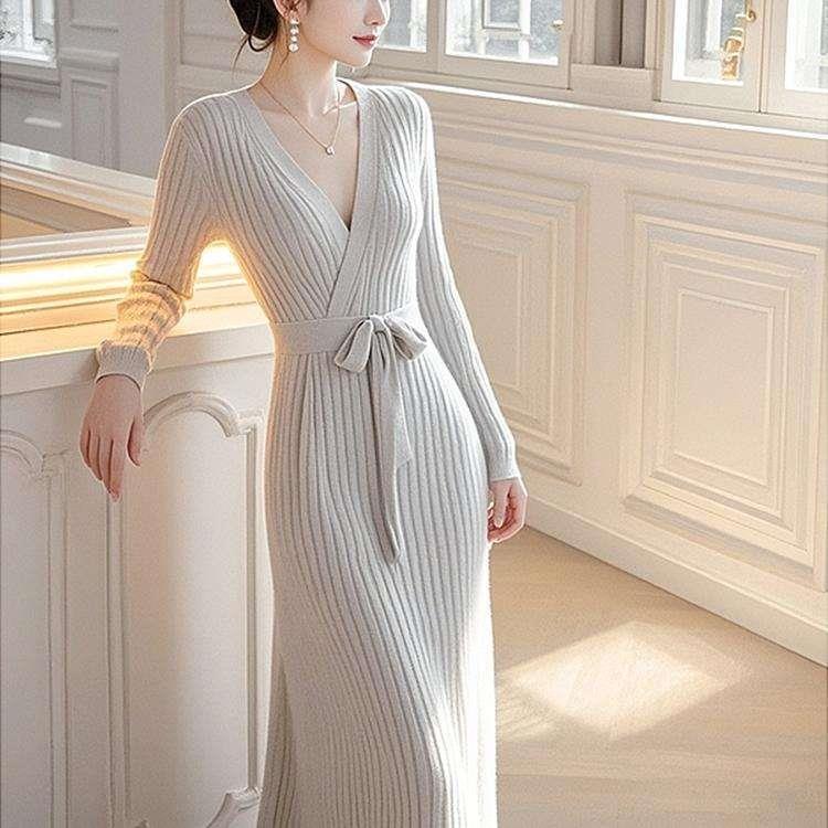 Elegantes französisches Strick-Bodycon-Kleid mit langen Ärmeln - Herbst Winter Unifarben