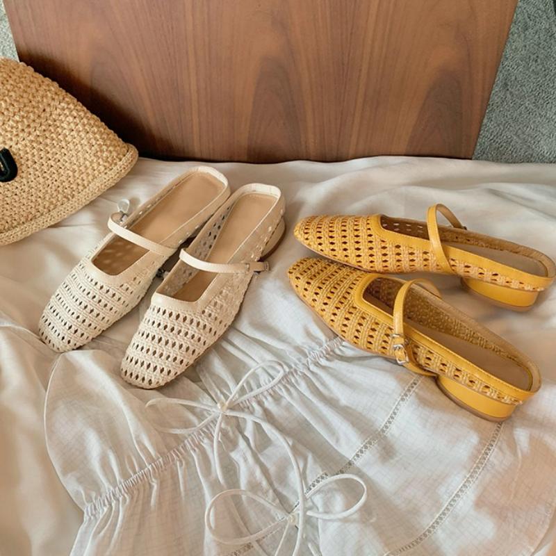 Fashion Weave Women Low Heel Slippers Shoes Mules Spring Summer Square Toe Ladies Heeled Slippers Shoes Sandals Female Slides