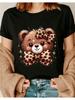 WoWomens Casual Short Sleeve TShirt Cute Cartoon Bear Print with Leopard Bow Tie Star Details Soft Stretch Round Neck Te