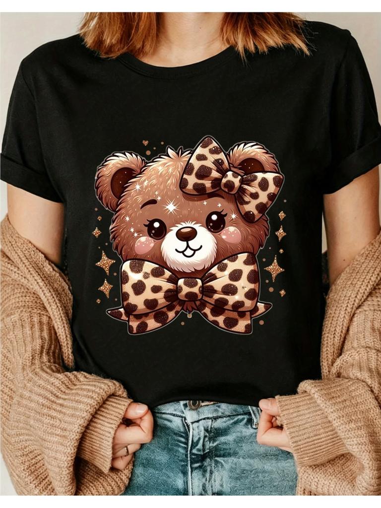 WoWomens Casual Short Sleeve TShirt Cute Cartoon Bear Print with Leopard Bow Tie Star Details Soft Stretch Round Neck Te