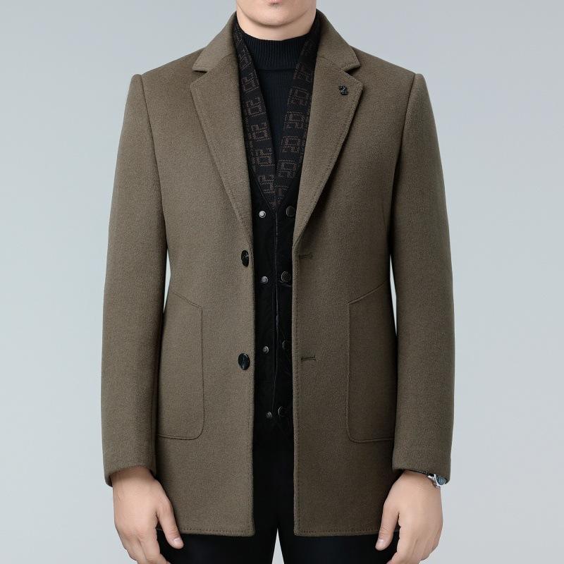 Double-sided cashmere coat for men, mid-length winter daddy outfit, middle-aged woolen scarf collar, thickened down gallbladder coat