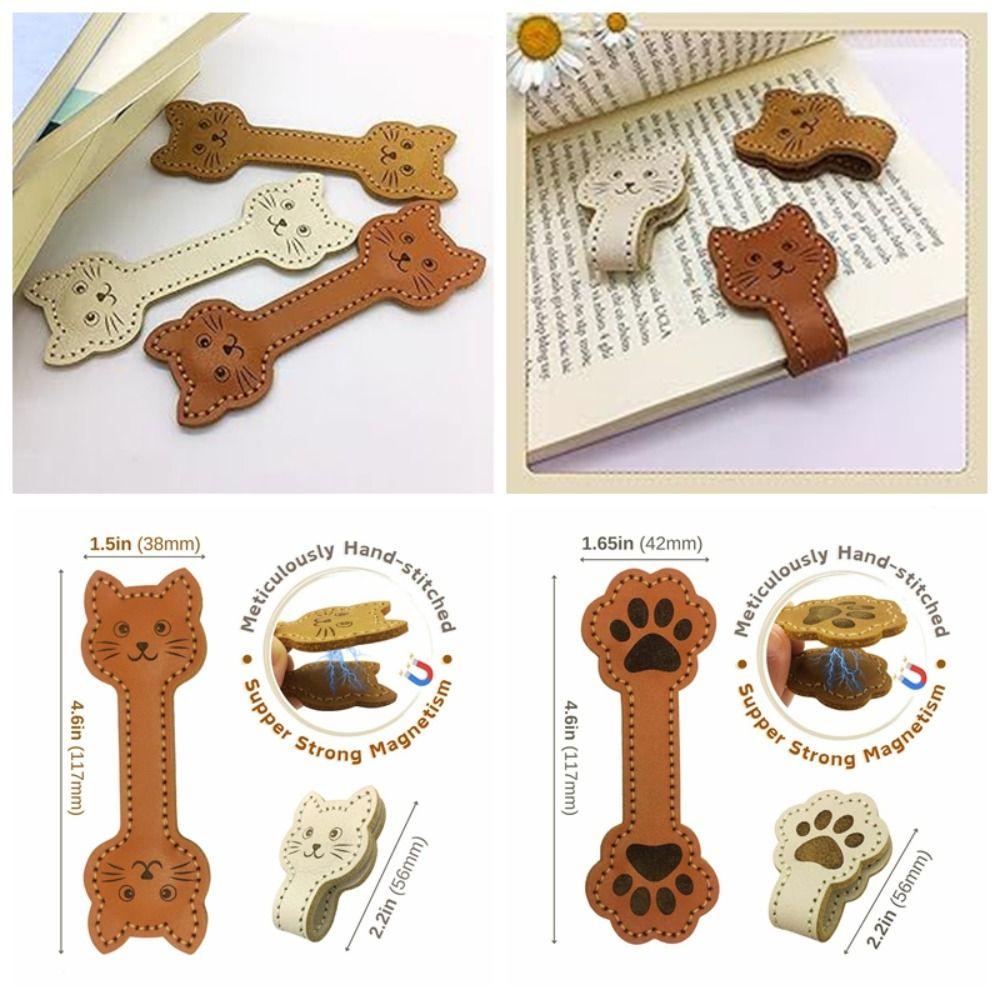 3PCS Magnet Buckle PU Leather Bookmark Vintage Style Cat Face Bookmark Page Divider Library Use