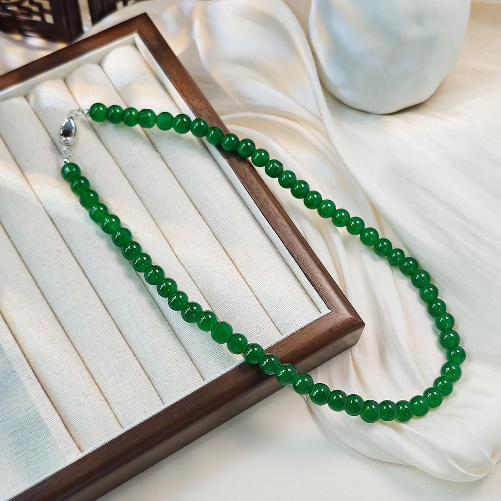 Ethnic Style Emerald Multi-Layer Pearl Necklace, Retro National Style Temperament White Beaded Collarbone Chain Female