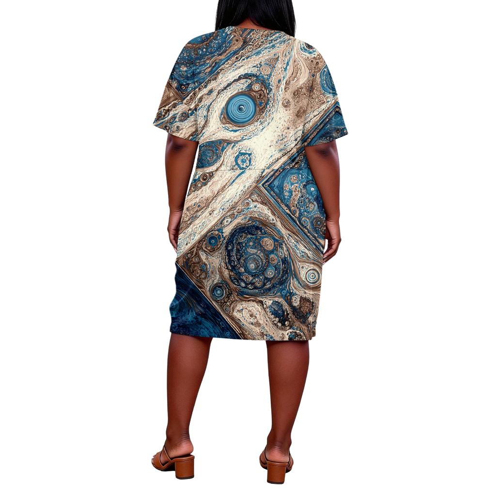 Letní nadměrné velikosti V výstřih krátký rukáv ke kolenům kapsa potisk ležérní šaty pro ženy