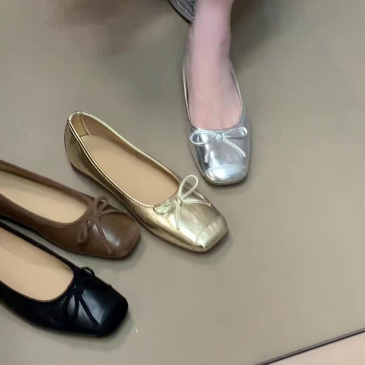 

Sheepskin version~ French flat shoes women s one-pedal square head low-heeled bow design soft-soled summer shallow-mouth single shoes 35 чёрный