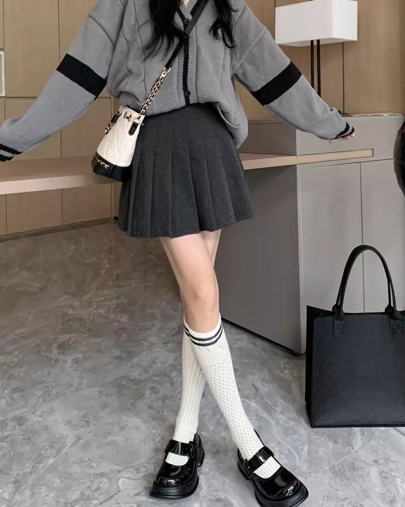 Japanischer Academie-Stil Hoher Bund Falten A-Linie Rock - Herbst/Winter Neu Petite Lässig Kurzer Rock