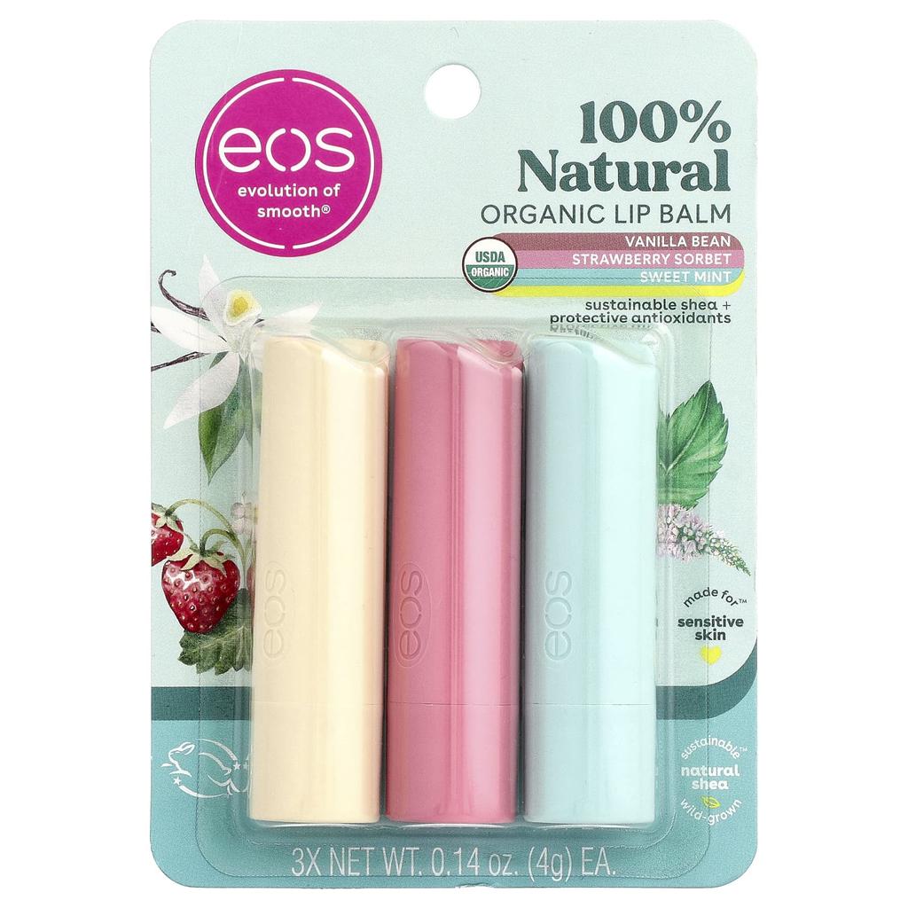 EOS, 100% Natural Organic Lip Balm, Variety Pack, 3 Lip Balms, 4g (0.14oz) Each