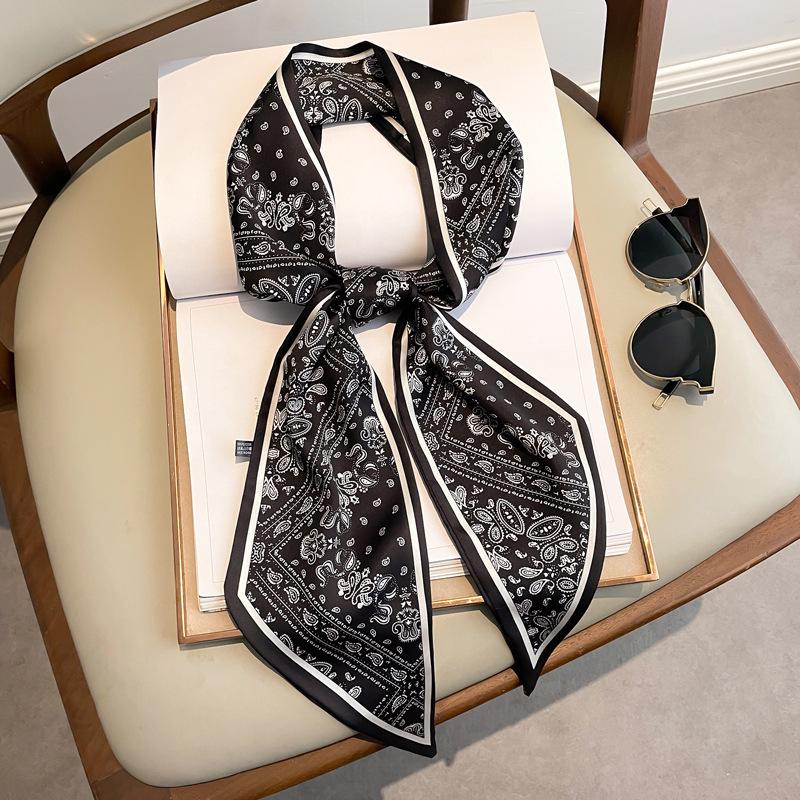 Silk Scarf: Long, Narrow, High-End Print for Spring and Summer - Versatile as Shirt Ribbon, Belt, or Hair Tie.