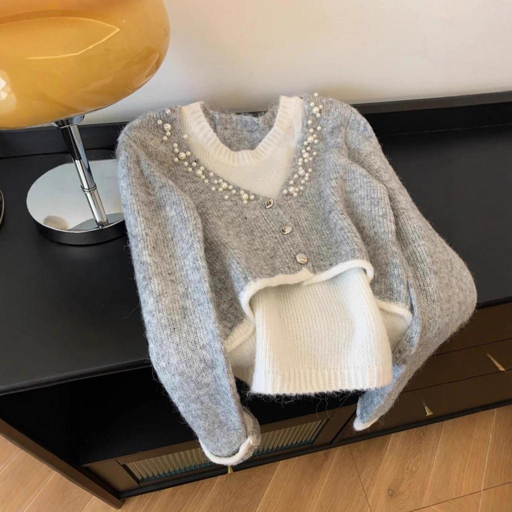 Grey stacked fake two-piece top women's lazy style temperament knitted sweater