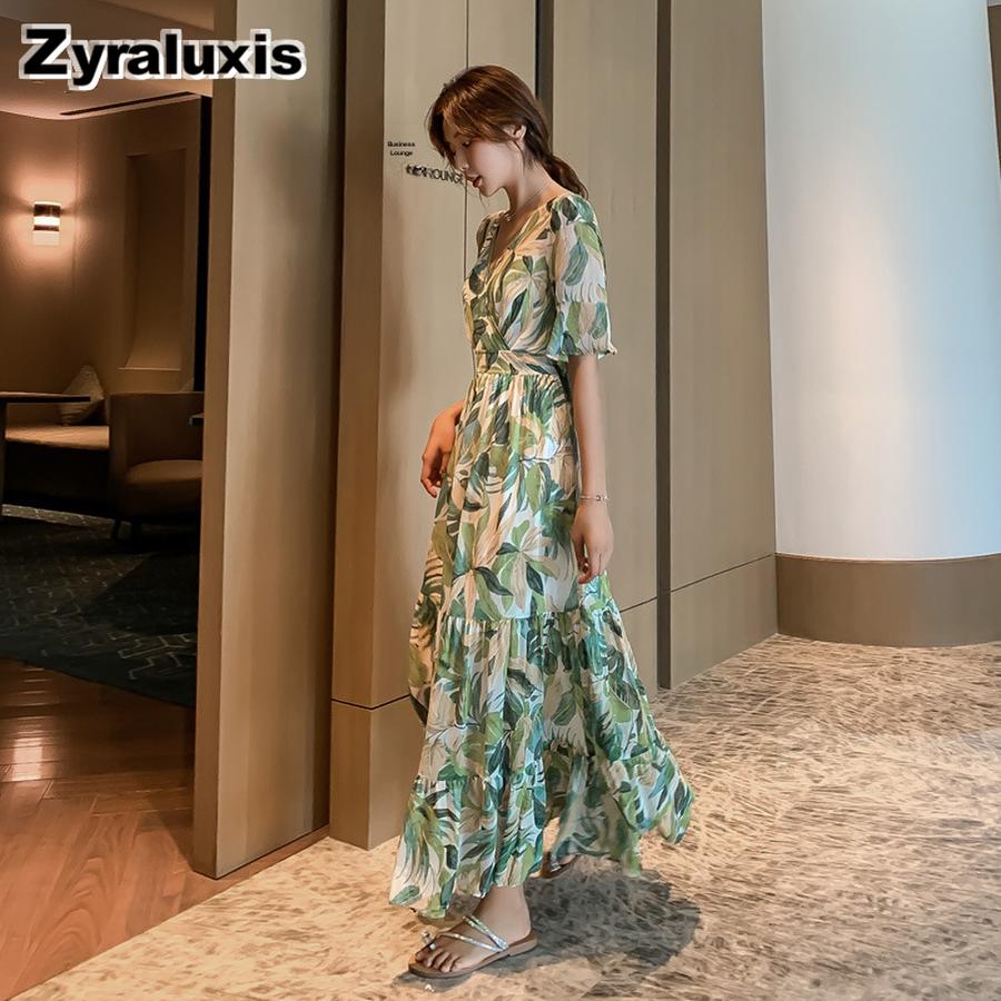 Summer New Dress Green Floral Long Skirt High Waist Slimming V-Neck Five-Fifth Sleeve Ruched Bodycon Dress