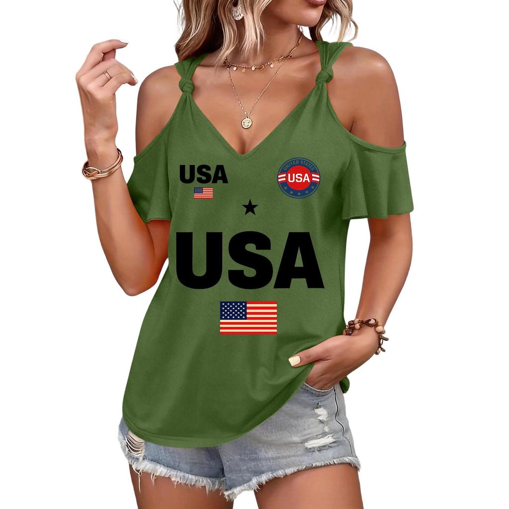 T-shirt Femme Épaules Dégagées Imprimé USA Bretelles à Nouer Manches Courtes Décontracté Haut d'Été Coupe Ample Chemisier Léger pour un Usage Quotidien