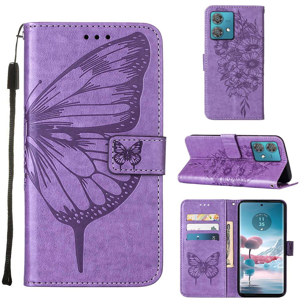 For Motorola Edge 40 Neo 5G Wallet Case with Wrist Strap Butterfly Imprint Leather Phone Cover