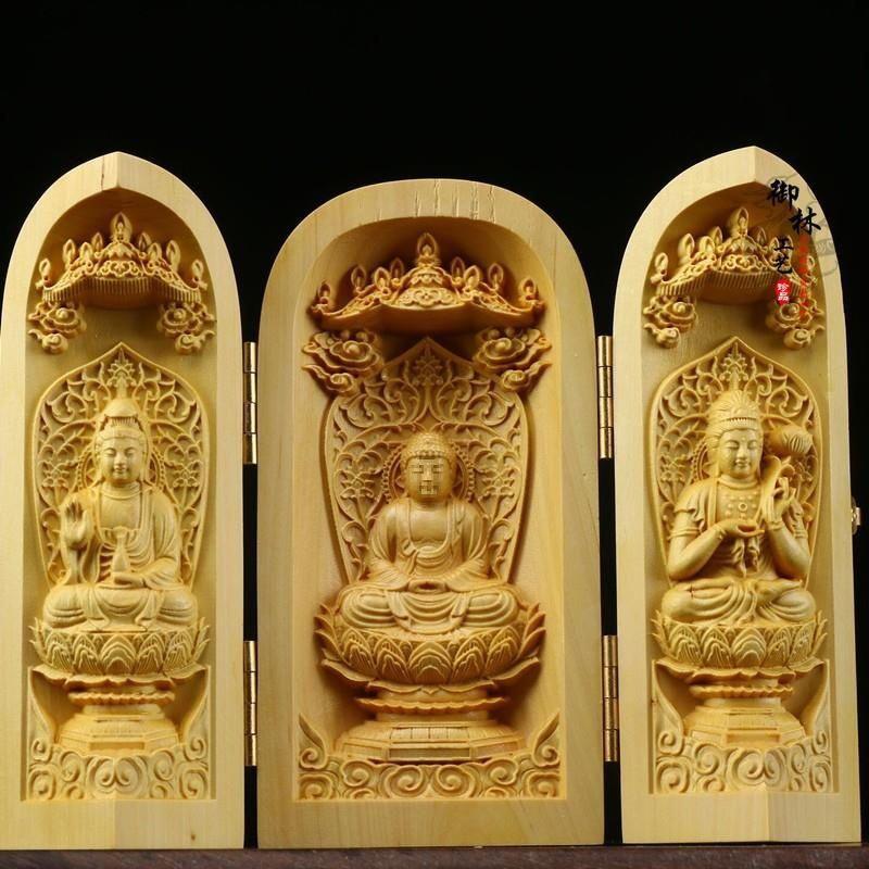 Boxwood Western Tři svatí Buddha Guanyin Masivní dřevo Přenosná třípanelová řezbovaná ozdoba
