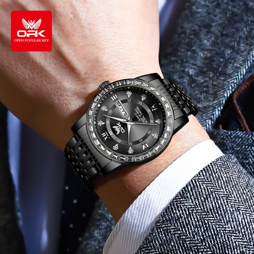 OPK Dual Calendar Luxury Quartz Watch For Men Diamond Roman Scale Business Hand Clock Waterproof Fashion Original Man Watch