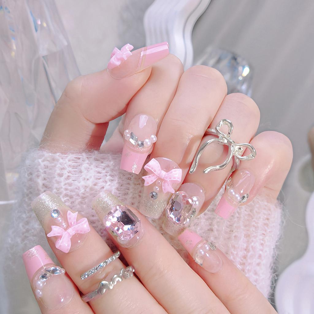 24Pcs Bowknot Artificial Nails With Elegant Ribbon Design For Women Short Medium Length Wearable False Nails