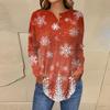 Women's Fashionable Loose-Fit Button-Down Collar Christmas Print Long-Sleeved Top