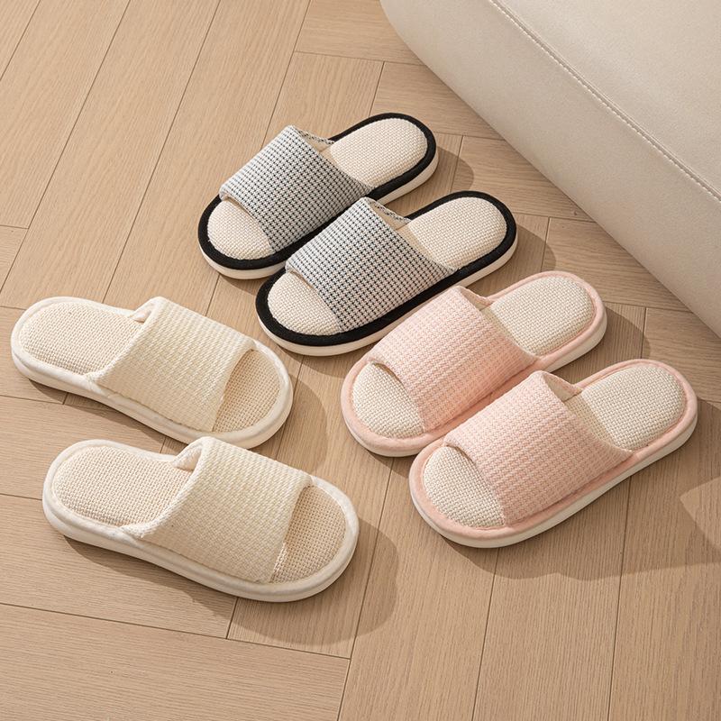 Elegant Hairy Slippers Small Perfume Style Linen Slippers Indoor Sandals Slippers Plaid Simple Fabric Cotton Slippers Female Home Shoes Slippers Pink