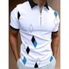 Summer New Men's Zipper Short Sleeved POLO Shirt with 3D Checkered Pattern Printing