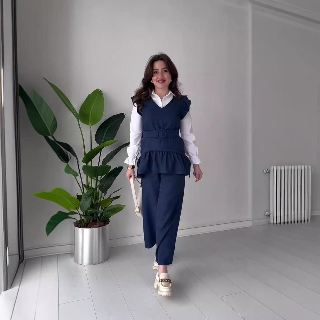 2024 Autumn Women's Solid Color Ruffle Sleeve Top & Wide Leg Pants Set