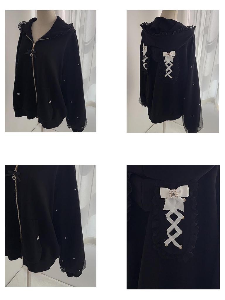 ZYOOFOV Long Sleeve Hoodie with Open Rabbit and Cute Plus Princess Gothic Harajuku Women's Front, Ears, Lace, Ruffles, Ribbon, Bow, Zip-Up Top, Sizes,