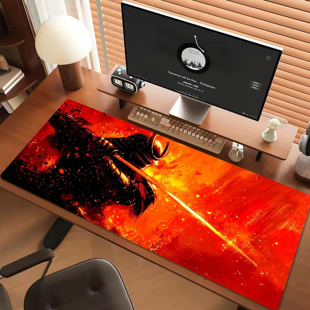 XXL Large Gaming Mouse Pad Japanese Samurai Red Fire Deskmat Overlock Non‑Slip Rubber Keyboard Mats Laptop Mousepads For Gamer