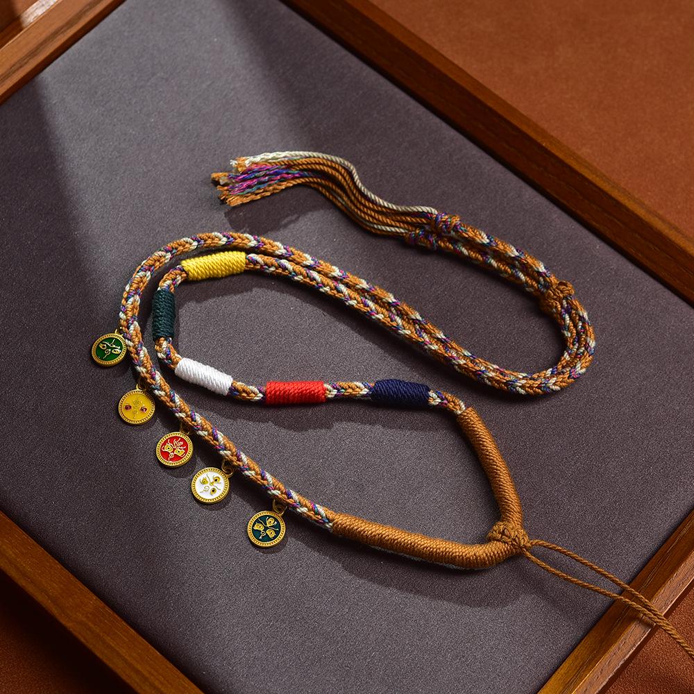 Five Wealth Gods Thangka Pendant Necklace | Tibetan Style Handmade Amulet with Beeswax Cinnabar Braided Rope