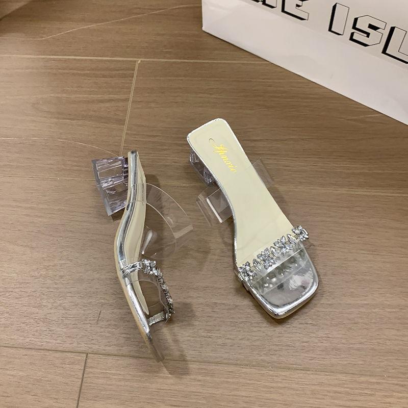 Summer Wear Transparent Crystal Cool Slippers Thick Heels High Heels Women Small Not Tired Feet New