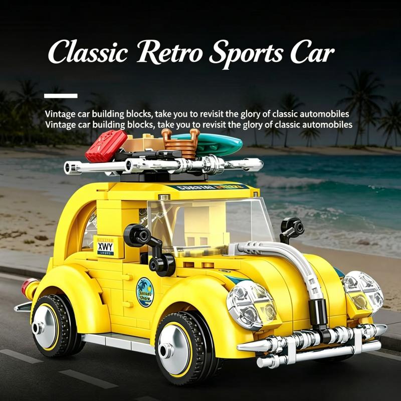 CACO BLOCKSClassic Vintage Car Building Bricks, Yellow Beach Travel Model with Roof Rack, Educational Assembly Toy for Display a