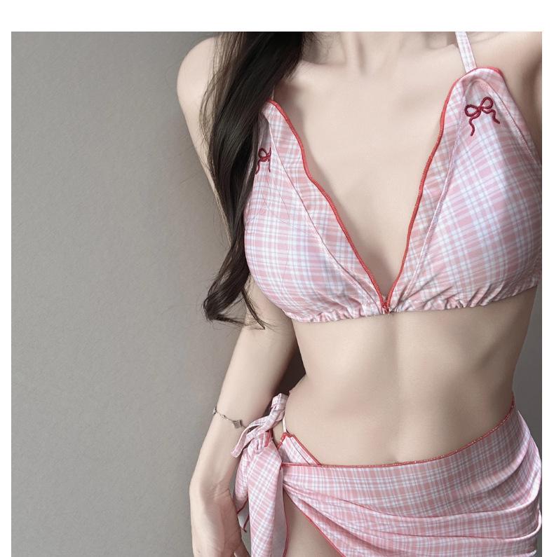 Vintage Bow Strappy Three-Piece Bikini Push-Up Swimsuit - Hot Girl Slim Fit for Small Bust