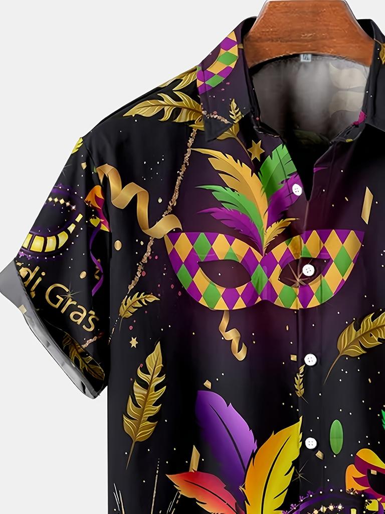 Mardi Gras Mask Printed Men's Plus Size Button Short Sleeve Hawaiian Shirt
