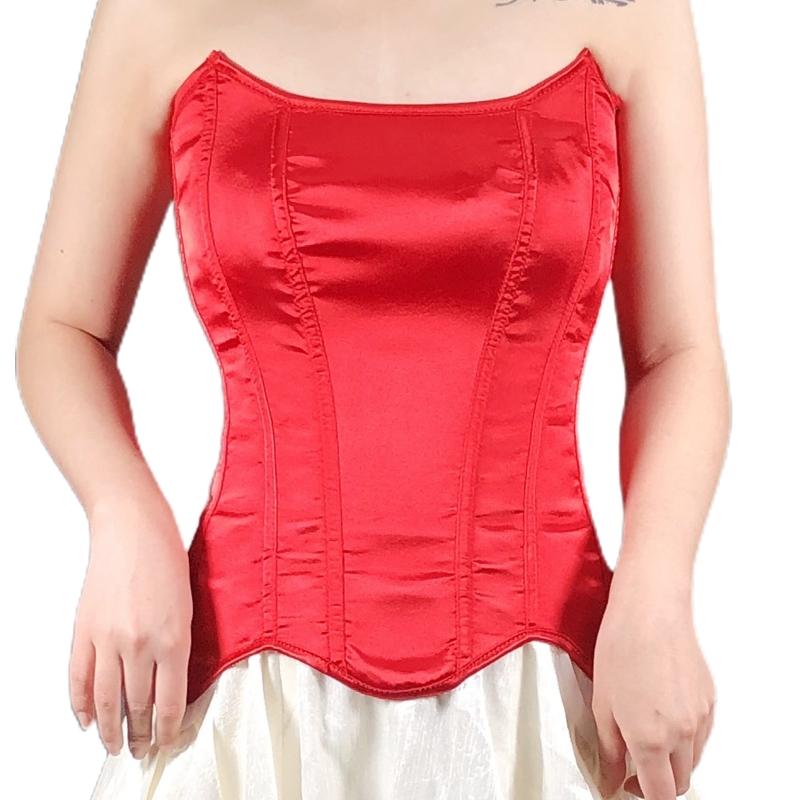 Женский сексуальный короткий топ-труба без бретелек на шнуровке для майки, корсет с косточками, бесшовный боди-шейпер, атласный топ-корсет, корректирующее белье S красный