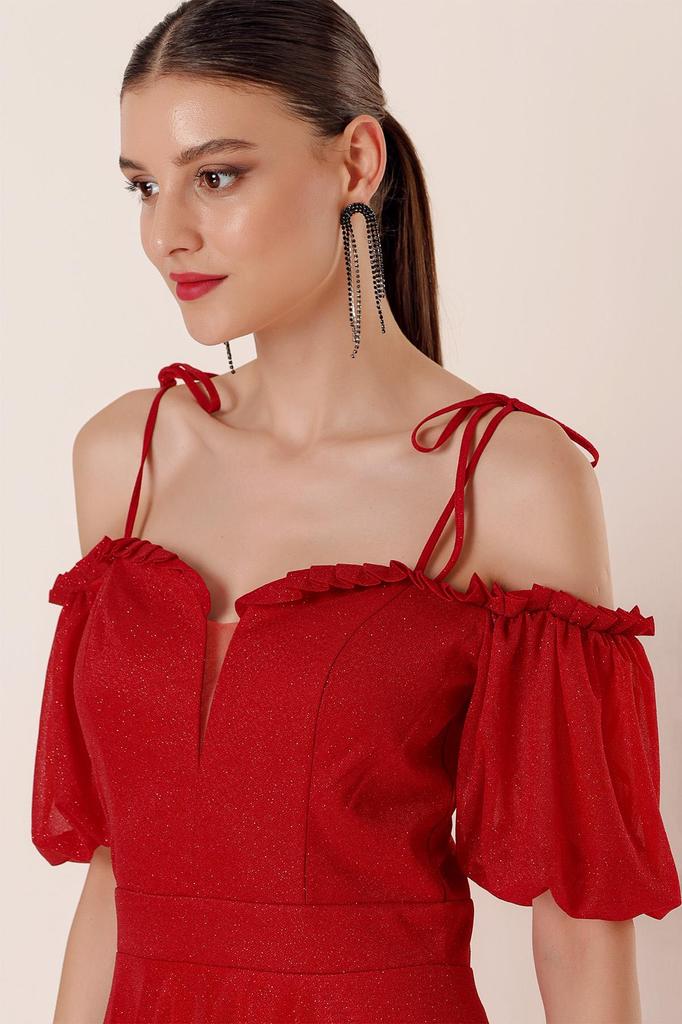 Yakası Piliseli Balon Kollu Astarlı Simli Uzun Elbise