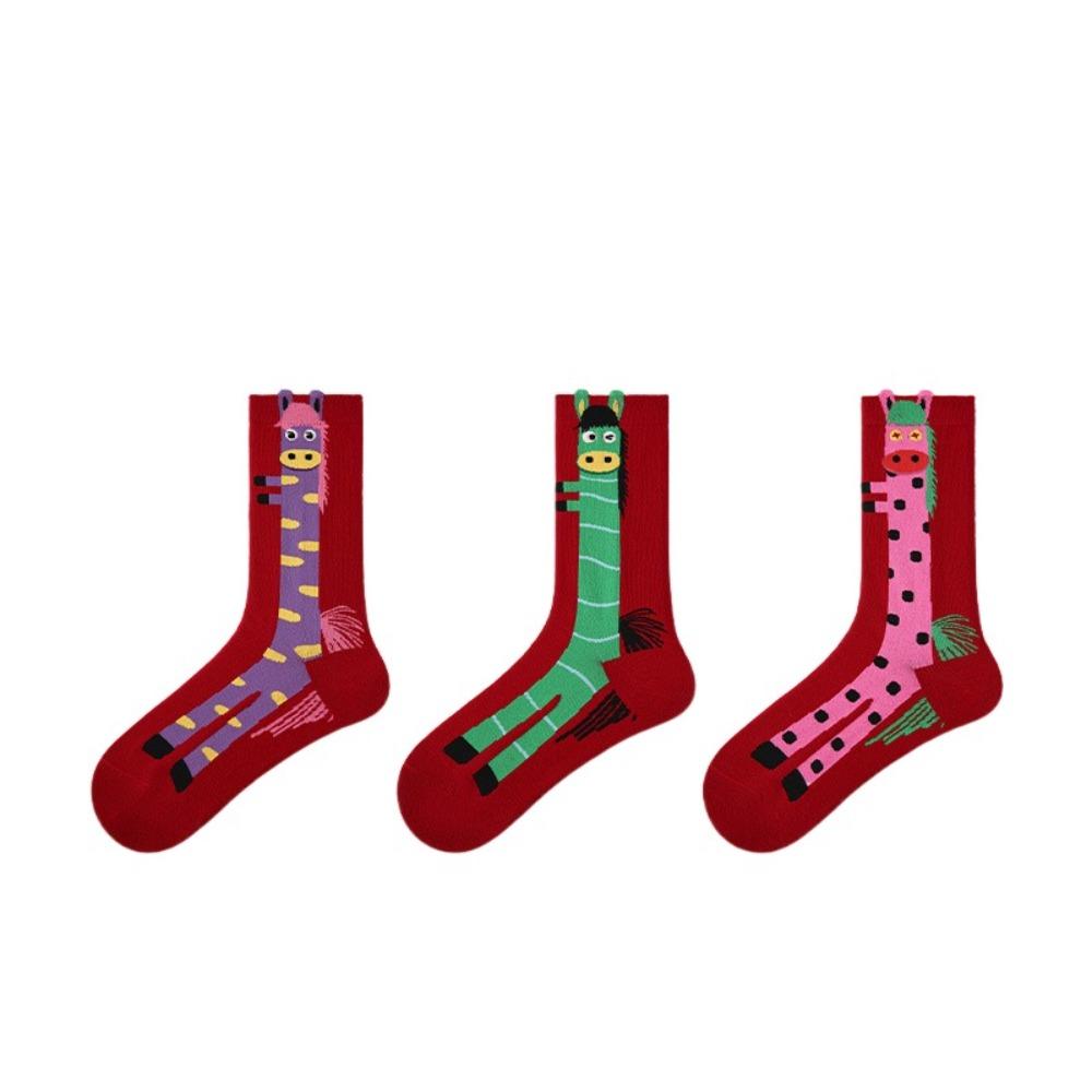 3Pairs Cartoon New Year Tube Socks Mid Calf Zodiac Year Socks Funny Red Cotton Socks Gift