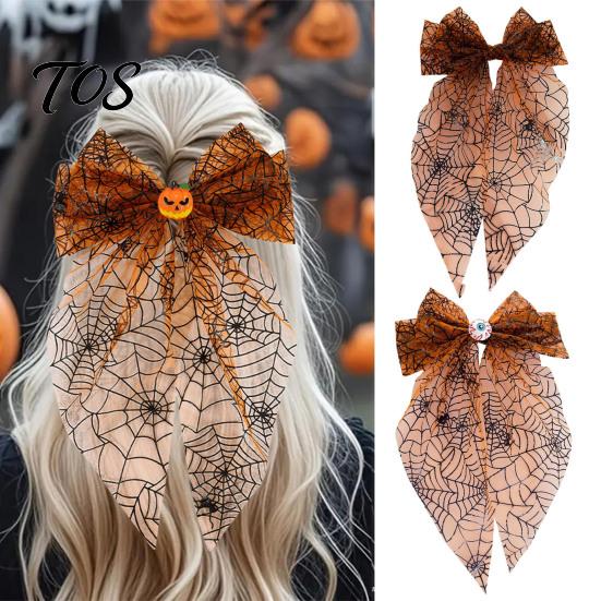 Spring Clip Hair Accessory Halloween Spider Web Bow Clip, Pumpkin Eyeball Tulle with Long Tails, Women Accessories for Holiday Party