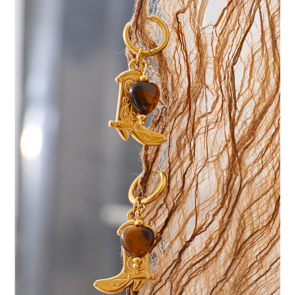 Yhpup Natural Tiger Stone Boots Shoes Pendant Drop Hoop Earrings Stainless Steel Charm Vintage Fashion Jewelry Prevent Allergy